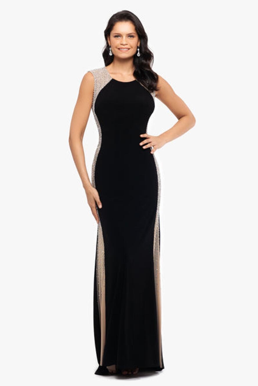 XSCAPE Madison Long Jersey Knit Caviar Beaded Sides Dress Black Size 10 NWT